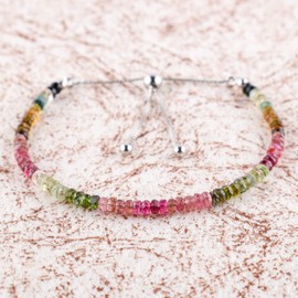 OdrillionGems Premium Natural Multi Tourmaline Gemstones Bolo Bracelet, Faceted Beads Stones, 925 Sterling Silver, Mediation Healing Crystals, Adjustable Chain, Women Jewelry, Valentine Gift, Size 10"