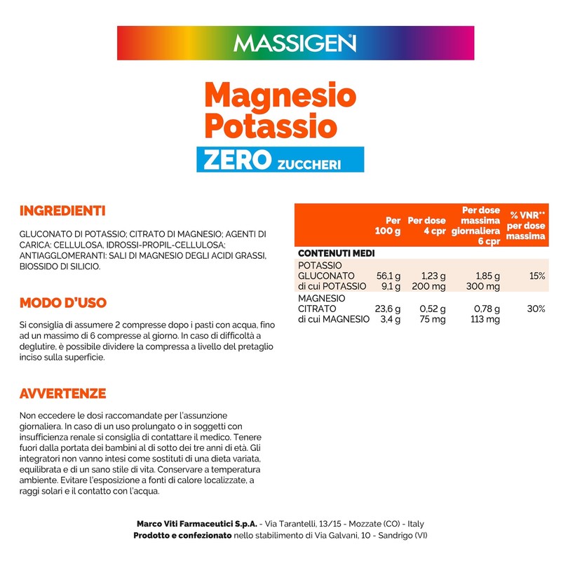 Massigen - Magnesio e Potassio Senza Zucchero, 60 Capsule, Integratore