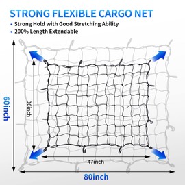 TKKEUEP 47"x 36" Cargo net Bungee Nets Stretches to 80"x 60",Small Truck Bed Cargo Net for Cars SUVs, for Frontier, Toyota Tacoma Short Bed Cargo Netting, Colorado & Subaru Accessories