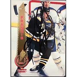 Ron Francis Autographed 1994-95 Pinnacle Card # 72 Pittsburgh Penguins - Autographed Hockey Cards