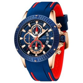 AIMES Mens Watches for Men Casual Chronograph Waterproof Sport Military Watch Analog Quartz Movement Stylish Luxury Dress Wrist Watch Elegant Gift Watch for Men, blue red, Chronograph
