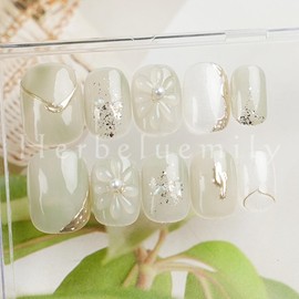 Herbeluemily Nail Tip, Short, Handmade, 3D Storage Case, 10 Pieces, Flower, Mermaid, Square Silver, M