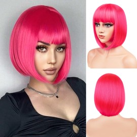 BATISI Hot Pink Bob Wig for Women Short Bob Wigs Straight Flat Bangs Synthetic Colorful Costume Cosplay Daily Party Neon Wig 12 Inch