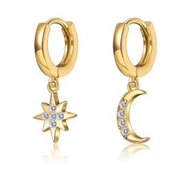 XSDSLS Hoop Earrings for Women Moon Star Dangle Small Hoop Earrings Gold Silver Cubic Zirconia Dangle Hoop Earrings Moon Star Pendant Earrings Jewelry Set for Women Girls (Gold Set 2)