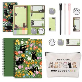 SUMMERGIFTS Juego de 6 bolígrafos de papelería para gatos, notas adhesivas, cuadernos en espiral A5, bolsa de maquillaje, bolsa para lápices para niña