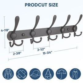 TICONN Wall Mounted Coat Rack, Five Heavy Duty Tri Hooks All Metal Construction for Jacket Coat Hat in Mudroom Entryway (Space Gray, 2-Pack)