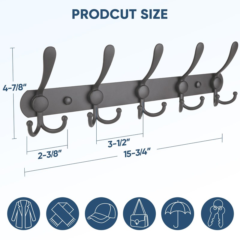 TICONN Wall Mounted Coat Rack, Five Heavy Duty Tri Hooks