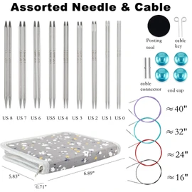 Svartur Lace Interchangeable Circular Knitting Needles, 5" Stainless Steel Interchangeable Knitting Needles Magic Loop for Socks, Gloves, US 0-8 Small Knitting Neeldes Lace-Tip with 4 Assorted Cables
