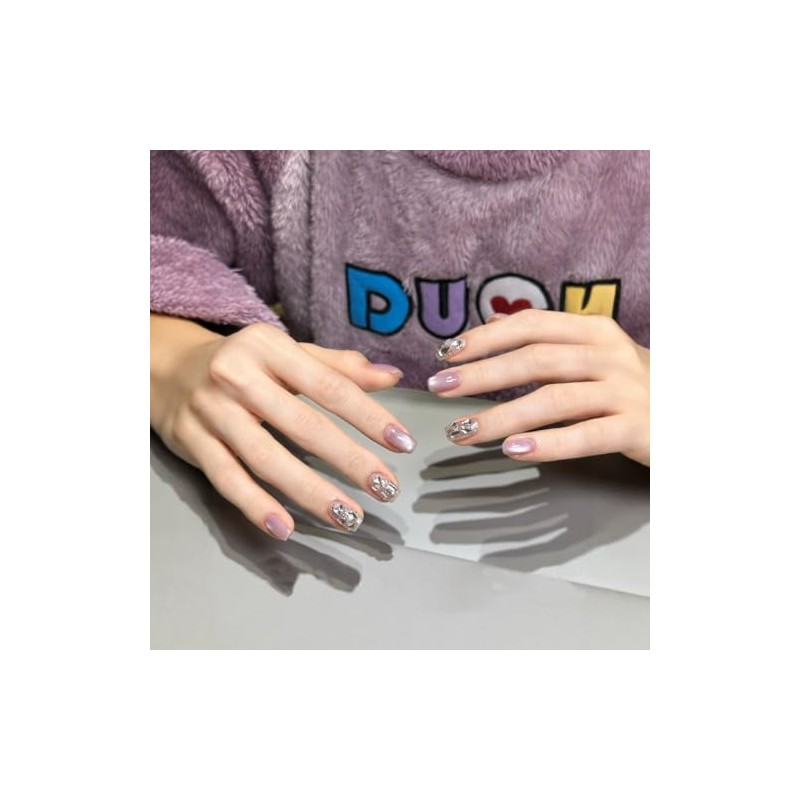 ネイルチップ 24枚セット くり返し使える ショート 大人かわいいミニマルデザイン オフィス/デート用 簡単リムーバブル 猫の目石ネイル ピンク