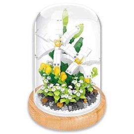 Kit of miniature blocks to assemble flowers. With wooden stand and dome cover. White Lily/Spring Star