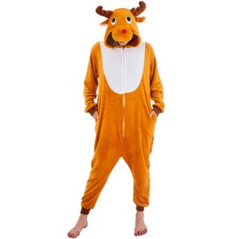 NEWCOSPLAY Unisex Adult Brown Reindeer Onesie Plush One Piece Pajamas Christmas Costume(Brown Reindeer,Large)