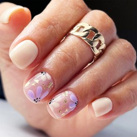 24 PCS Press on Nails Square Short DIY Fake Nails Yellow Purple Flower Coffin Nails with designs Gold Foil Sequins Full Cover Stick on Acrylic Nail for Women Girls Decoration