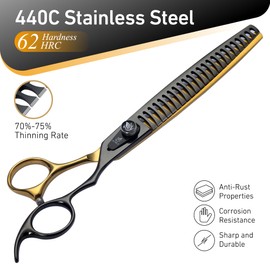Fenice Peak 8'' Black Dog Grooming Scissors Goldern Chunker Dog Blending Scissors with Ergonomic Offest Handle and Pattern Screw Pet Grooming Thinner Blender Shears Durable and Sharp 440C