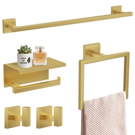 TURS Brushed Gold 5 Pieces Bathroom Hardware Set, SUS304 Stainless Steel 23.6 Inch Bath Towel Bar Set, Square Bathroom Accessories Kit Wall Mounted