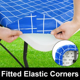 Spotjoy Rectangle Table Cloth, Elastic Fitted Flannel Backed Plastic Table Covers for 8 Foot Folding Tables, Waterproof Vinyl Tablecloths for Picnic, Camping, Indoor and Outdoor (Blue, 30 x 96 inch)