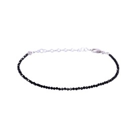 LKBEADS Unisex Black Spinel 2 mm Round Faceted Beads Adjustable Stacking Bracelet with 925 Sterling Silver - Silver Plated Clasp, Stone Sterling Silver Metal, Black spinel