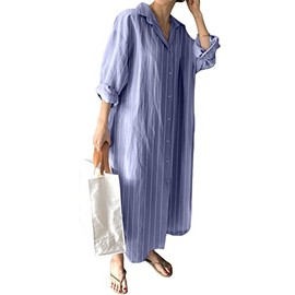 GGUHHU Womens Chic Button Down Rolled-Up Sleeve Long Cotton Blouse Maxi Dress (XX-Large, Blue Stripe)