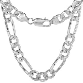 Sterling Silver Figaro Link Chain Necklace 8mm Pave diamond cut Beveled Edges Nickel Free Italy, 26 inch