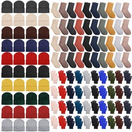 Hillban 120 Pcs Winter Beanie Hat Gloves Set with Warm Socks Bulk, Knitted Beanie Cap Thick Thermal Winter Gloves Socks Pack (Retro Colors)