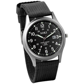 Men's Watch Seiko Watch Waterproof Luminous Arabic Numerals Simulation Military Watch Outdoor 24 Hour Luminous Pointer Quartz Large Dial Simple Nylon Strap, Black