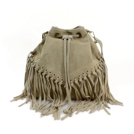 LeahWard Suede Drawstring Bucket Bag with Fringe Detail, Italian Suede Leather Cross Body Bag, Boho Style (Khaki)