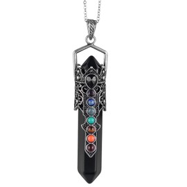 TUMBEELLUWA 7 Chakra Hexagonal Crystal Wand Pendant for Unisex, Wrapped Double Crystal Points Necklace with Chain, Black Obsidian