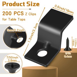 Ferraycle 200 Sets Table Top Fasteners with Screws Metal Z Clips for Table Tops Heavy Duty Z Connectors Solid Steel with Screws for Desk Furniture (Black)