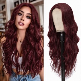 Red Wig for Women,26 Inch Wavy Curly Burgundy Middle Part Hair