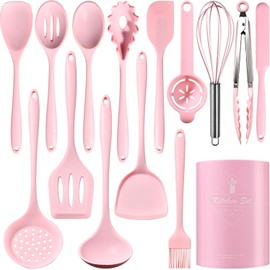 IMLUCKY Set de utensilios de silicona para cocinar: 15-Piezas Cucharas y Espátulas - Resistente a alta temperatura/no tóxico/Antiadherente - ideal para familias y regalos festivos (Rosa)
