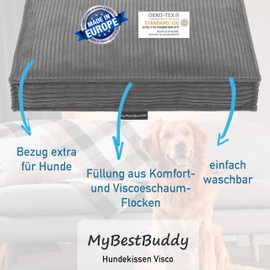 MyBestBuddy Dog Cushion Visco Grey 60 x 40 cm S with POSO Cord Fabric with Viscose Foam and Comfort Foam Flakes, Washable at 40°C - Dog Bed / Pet Bed for Small Dogs or Cats, 60 x 40 cm