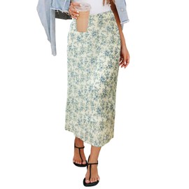 HERBATOMIA Women’s Floral Print Midi Skirt Summer High Elastic Waist Ditsy Trendy Long Zipper Skirts for Women