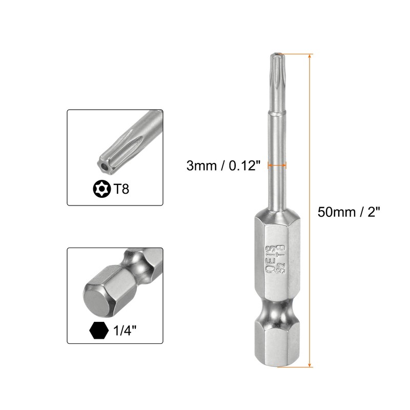 HARFINGTON T8 Security Torx Bit 1/4" Hex Shank 2" Long
