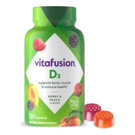 Vitafusion Gomitas de vitamina D3, Apoyo óseo e inmunológico Sabor a durazno con bayas, 50mcg D3, 150 Gomitas, suministro para 75 dias, sin gluten Fácil de Tomar y delicioso sabor