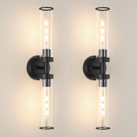 OIYIO Matte Black Wall Sconces Set of 2, Modern Bathroom Vanity Lights for Mirror, High-Clarity Glass Wall Light Fixtures with E26 Base (Bulbs Required) for Bathroom, Bedroom, Hallway, 22.05 Inch
