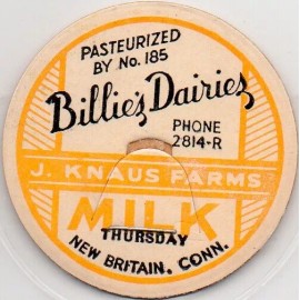 Milk Bottle Cap - Billie's Dairies - New Britain, Connecticut - PHONE 2814-R