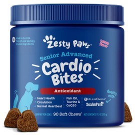 Zesty Paws Cardiovascular Support for Dogs - Taurine for Dogs - with CoQ10, L Carnitine & Sea Buckthorn - Senior Heart Health - AlaskOmega Fish Oil Omega 3 - Senior - Salmon - 90 Count