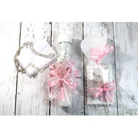 Elegant 5 Piece Baby Baptism Candle Set Favors Girl Boy White Set de Bautizo Espanol Nina Nino Berries Communion Lace (Pink)