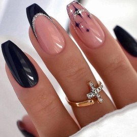 MISUD Press on Nails - Medium Coffin Fake Nails with Black French Tip, Acrylic Bling Glitter Design 24 pcs