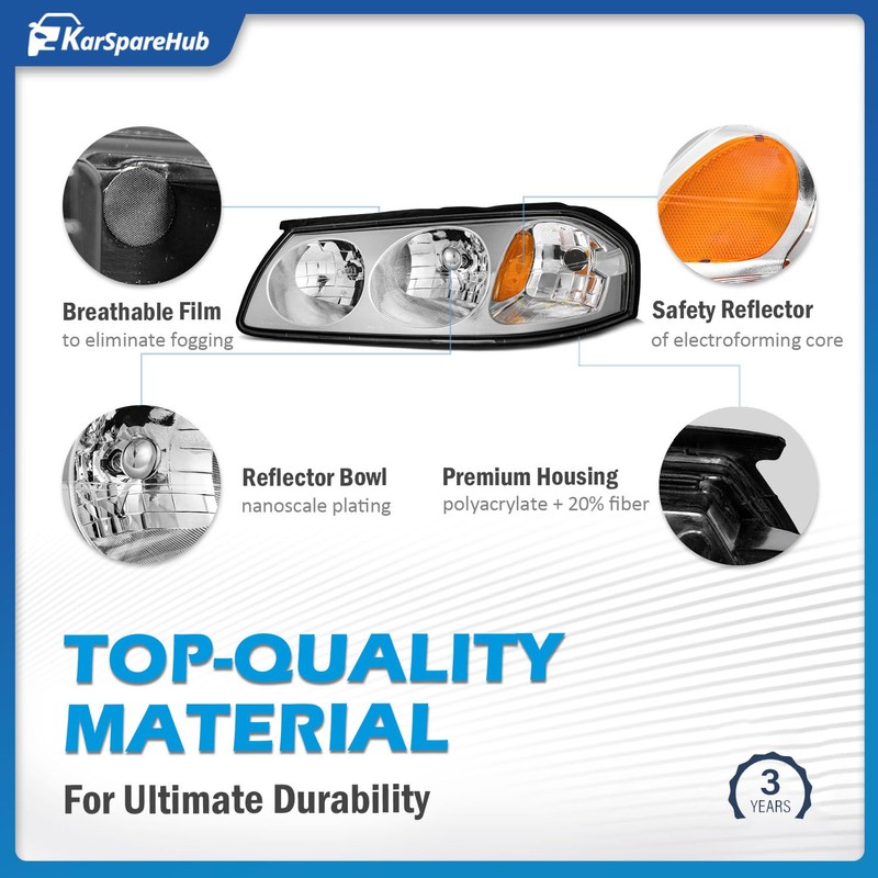 KarSpareHub Headlights Assembly with Bulbs for 2000-2005 Chevy Impala Headlamp