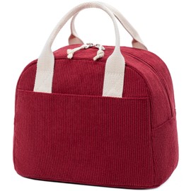 LOVELYWIND Insulated Lunch Bag for Women Men, Stylish Corduroy Tote Bag with Aluminum Lining, Large Capacity Reusable Cooler for Work, Travel, or Beach, Wine Red Lunch Box