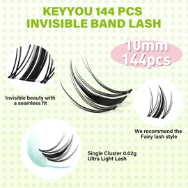 KEYYOU Fairy Lash Clusters 144Pcs D Curl Manga Lash Extension Eyelash Extension Wispy Natural Invisible Band Lash with Waterproof DIY Lash Extension at Home(Fairy-D-10MM)