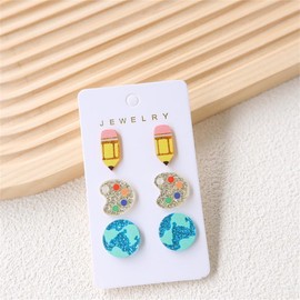 Acrylic Teacher Stud Earrings Set Cute Apple Crayon Pencil Book Palette Earth Dangle Earrings Appreciation Teachers Gifts Back to School Student Jewelry for Women-3Pencil Set