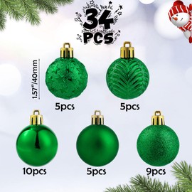 34ct Green Mini Christmas Ball Ornaments Shatterproof Plastic Christmas Tree Decorations for Xmas Party Home Office Holiday Decor -Small Size (1.57"/ 40mm)