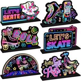 Yuntau 6 Pcs Roller Skating Party Centerpiece Skating Wooden Table Decorations Neon Let's Roll Sign for Birthday Party Baby Shower Table Decor