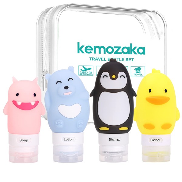 kemozaka - Juego de botellas de silicona de tamaño para artículos de cambiador, sin BPA, a prueba de fugas, con etiquetas integradas, accesorios recargables de viaje aprobados por la TSA (4 unidades)