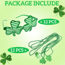 WODMAZ 24 St Patrick's Day Party Favors Set Includes Shamrock Necklaces Sunglasses, Green Bead Necklaces Shutter Glasses Accessories for St Patricks Day Party Favor Irish Great Party Supplies