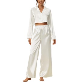 cheibear Women's Satin Pajama Nightwear Crop Button Down Shirt Long Pants Loungwear Pj's Set White M
