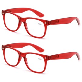 V.W.E. 2 Pairs Transparent Neon Color Deluxe Reading Glasses - Comfortable Stylish Simple Readers Magnification (Red, 3.00)