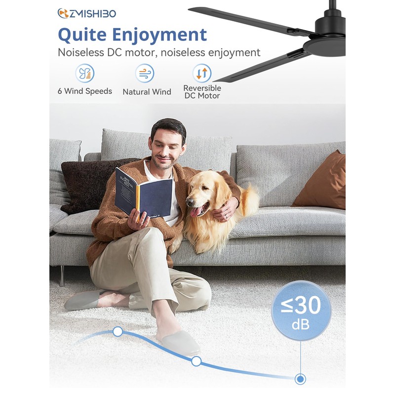ZMISHIBO 48 Inch Ceiling Fan with Remote No Light, for