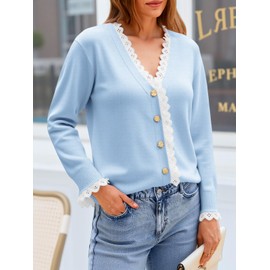 Cicy Bell Womens Lace V Neck Cardigan Sweaters Button Down Long Sleeve Knit Tops Fall Trendy Lightweight Open Front Sweater Blue